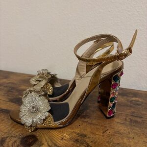 Elegant Gold Embellished Gem Rhinestone Floral Women's Heels